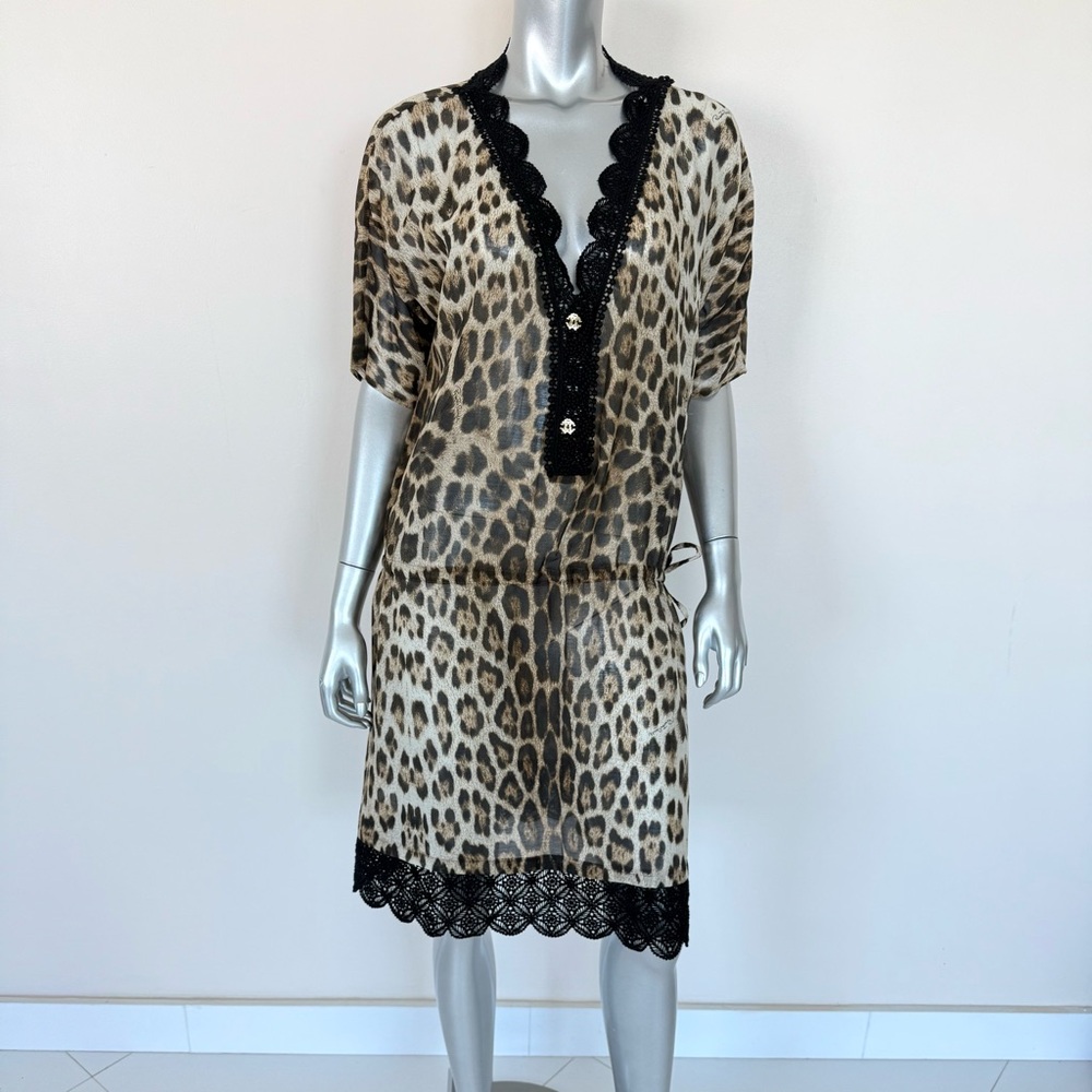 Roberto Cavalli Leopard Print Swim Coverup with Black Lace Trim
